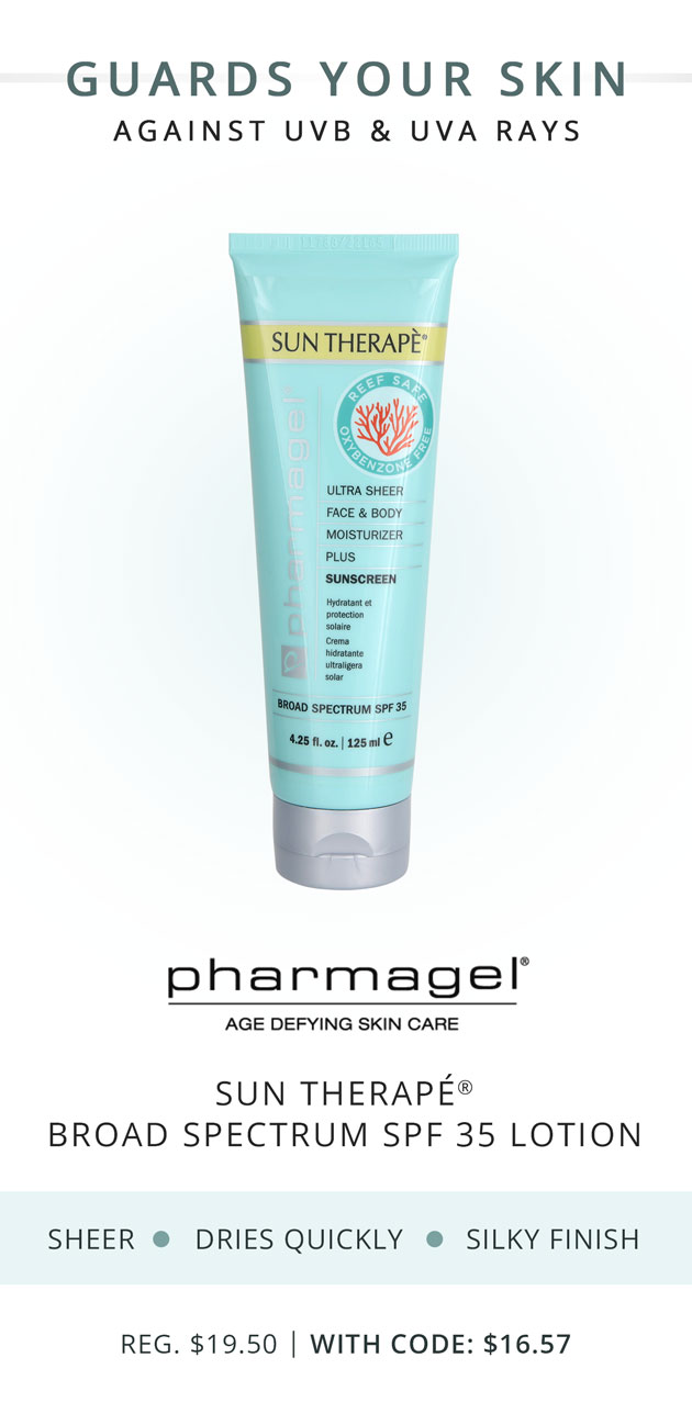 Guards Your Skin Against UVB & UVA Rays: Pharmagel Sun Therape Broad Spectrum SPF 35 Lotion, Reg. $19.50 | With Code: $16.57